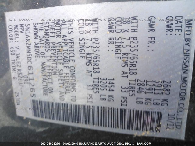 5N1AR2MN5DC611265 - 2013 NISSAN PATHFINDER S/SV/SL/PLATINUM GRAY photo 9