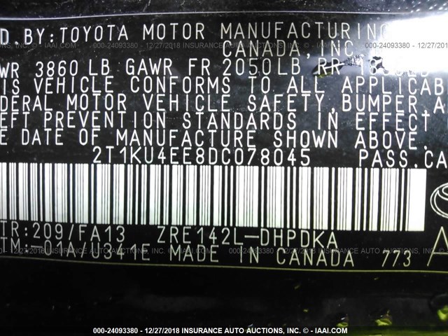 2T1KU4EE8DC078045 - 2013 TOYOTA COROLLA MATRIX  BLACK photo 9