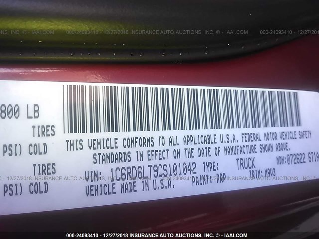 1C6RD6LT9CS101042 - 2012 DODGE RAM 1500 SLT RED photo 9