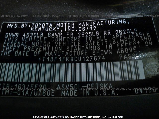 4T1BF1FK8CU127674 - 2012 TOYOTA CAMRY SE/LE/XLE 灰色 照片 9