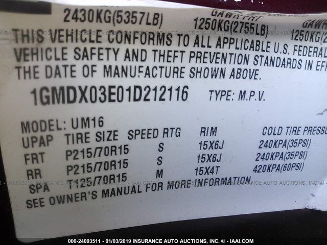 1GMDX03E01D212116 - 2001 PONTIAC MONTANA RED photo 9