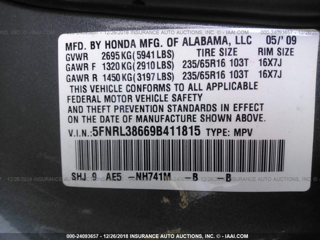 5FNRL38669B411815 - 2009 HONDA ODYSSEY EXL SILVER photo 9