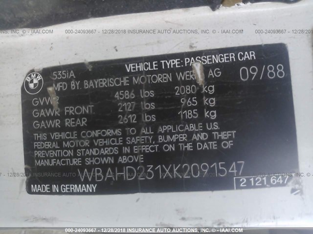 WBAHD231XK2091547 - 1989 BMW 535 I AUTOMATIC WHITE photo 9