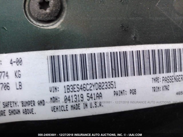 1B3ES46C2YD823351 - 2000 DODGE NEON ES GREEN photo 9