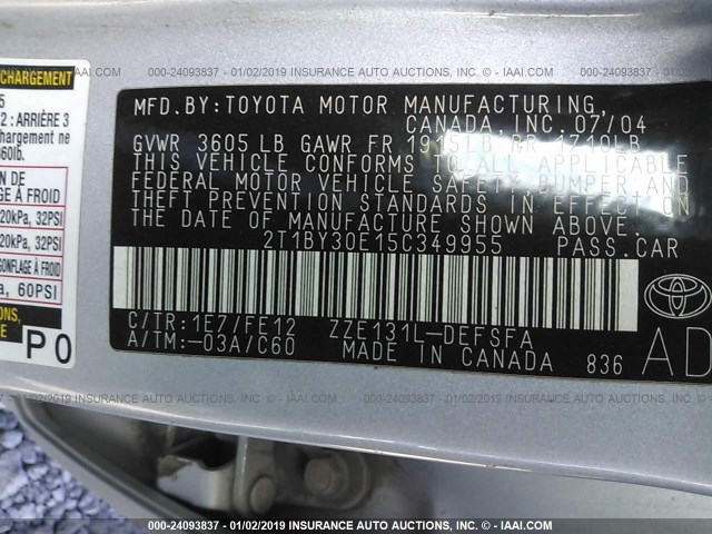 2T1BY30E15C349955 - 2005 TOYOTA COROLLA XRS SILVER photo 9