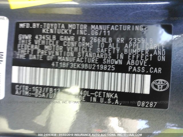 4T1BF3EK9BU219825 - 2011 TOYOTA CAMRY SE/LE/XLE 灰色 照片 9