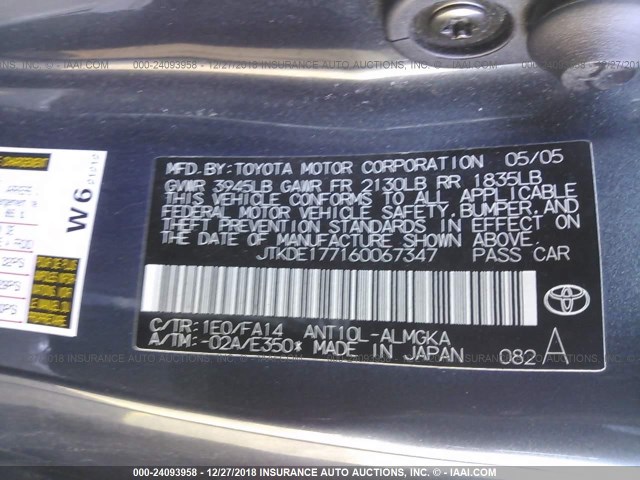 JTKDE177160067347 - 2006 TOYOTA SCION TC GRAY photo 9