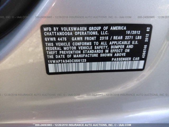 1VWAP7A34DC056123 - 2013 VOLKSWAGEN PASSAT S SILVER photo 9