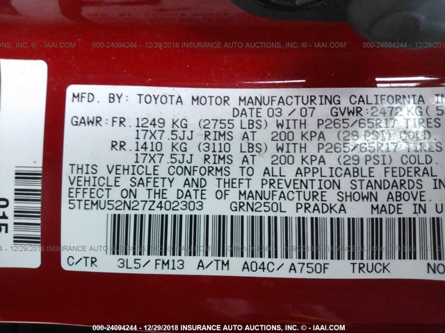 5TEMU52N27Z402303 - 2007 TOYOTA TACOMA DOUBLE CAB LONG BED RED photo 9