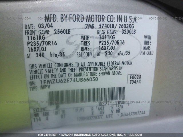 1FMZU62E74UB66050 - 2004 FORD EXPLORER XLS/XLS SPORT SILVER photo 9