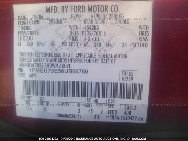 1FMEU73E56UB66750 - 2006 FORD EXPLORER XLT RED photo 9