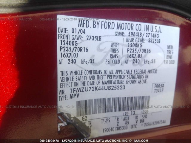 1FMZU72K44UB25323 - 2004 FORD EXPLORER XLS/XLS SPORT RED photo 9