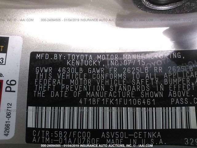 4T1BF1FK1FU106461 - 2015 TOYOTA CAMRY LE/XLE/SE/XSE TAN photo 9