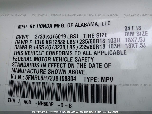 5FNRL6H72JB108304 - 2018 HONDA ODYSSEY EXL WHITE photo 9