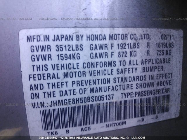 JHMGE8H50BS005137 - 2011 HONDA FIT SPORT SILVER photo 9