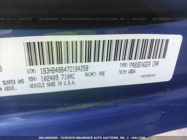 1B3HB48B47D184258 - 2007 DODGE CALIBER SXT BLUE photo 9