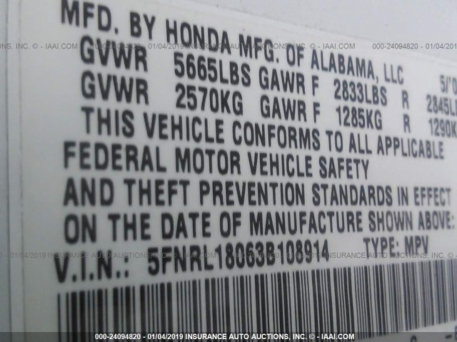 5FNRL18063B108914 - 2003 HONDA ODYSSEY EXL WHITE photo 9