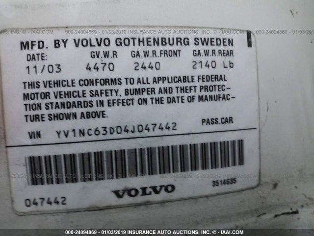 YV1NC63D04J047442 - 2004 VOLVO C70 LPT WHITE photo 9