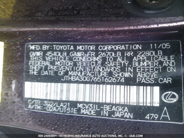 JTHBA30G765162674 - 2006 LEXUS ES 330 MAROON photo 9