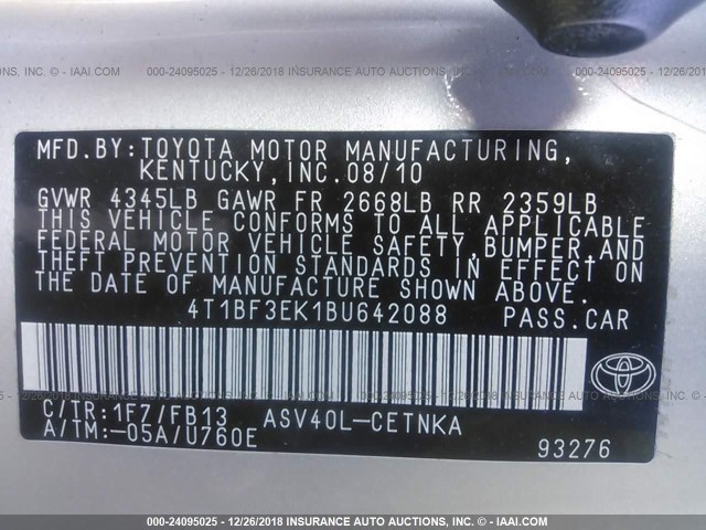 4T1BF3EK1BU642088 - 2011 TOYOTA CAMRY SE/LE/XLE 银色 照片 9