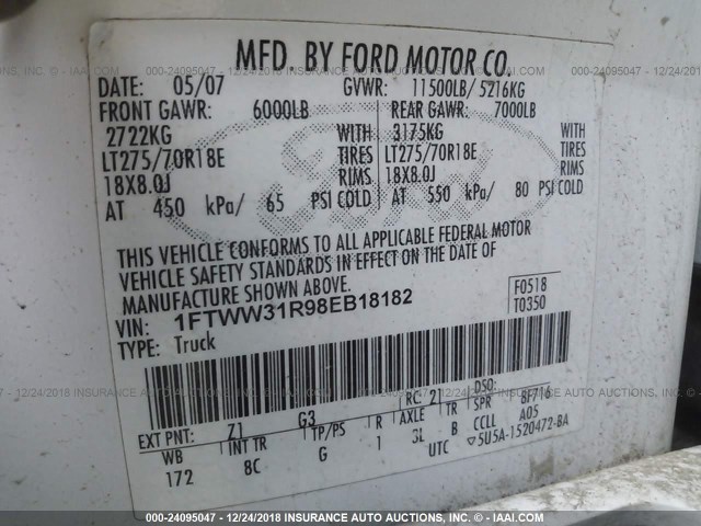 1FTWW31R98EB18182 - 2008 FORD F350 SRW SUPER DUTY WHITE photo 9