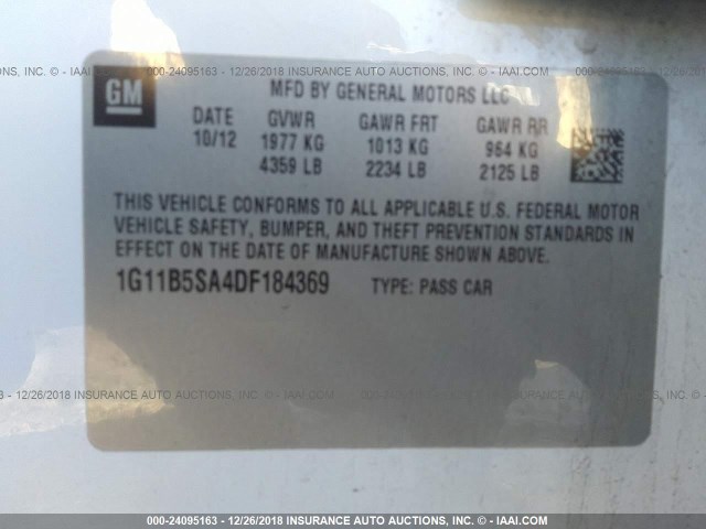 1G11B5SA4DF184369 - 2013 CHEVROLET MALIBU LS 白色 照片 9