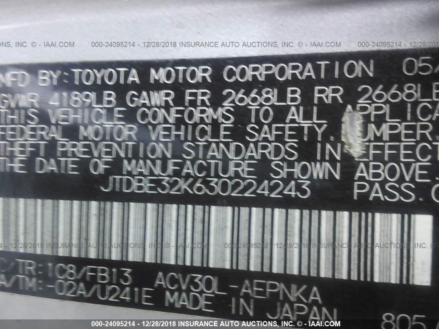 JTDBE32K630224243 - 2003 TOYOTA CAMRY LE/XLE SILVER photo 9