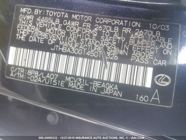 JTHBA30G145011326 - 2004 LEXUS ES 330 BLUE photo 9