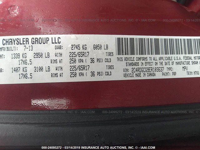 2C4RDGCG9ER103637 - 2014 DODGE GRAND CARAVAN SXT MAROON photo 9