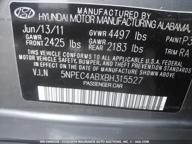 5NPEC4ABXBH315527 - 2011 HYUNDAI SONATA SE/LIMITED GRAY photo 9