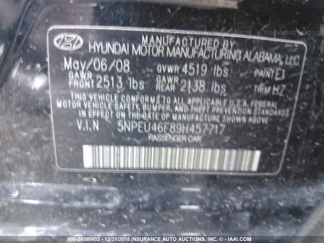 5NPEU46F89H457717 - 2009 HYUNDAI SONATA SE/LIMITED BLACK photo 9