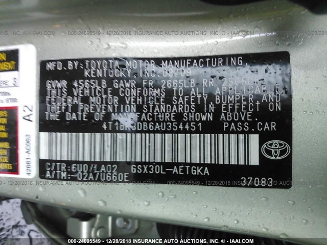 4T1BK3DB6AU354451 - 2010 TOYOTA AVALON XL/XLS/LIMITED GREEN photo 9