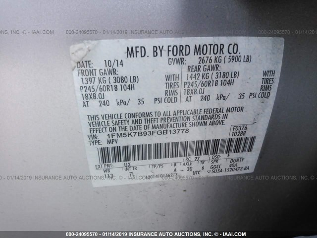 1FM5K7B93FGB13778 - 2015 FORD EXPLORER SILVER photo 9