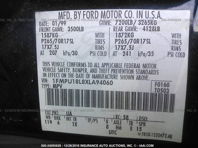 1FMPU18L8XLA94060 - 1999 FORD EXPEDITION BLACK photo 9