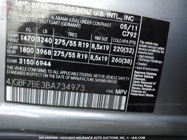 4JGBF7BE3BA734973 - 2011 MERCEDES-BENZ GL 450 4MATIC GRAY photo 9