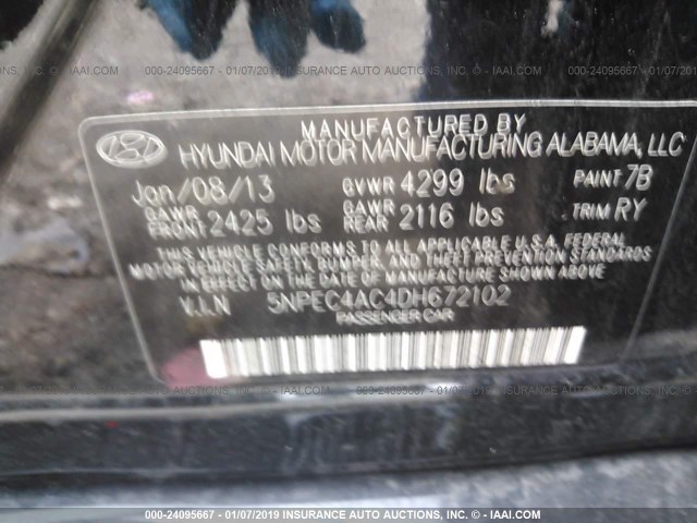 5NPEC4AC4DH672102 - 2013 HYUNDAI SONATA SE/LIMITED BLACK photo 9