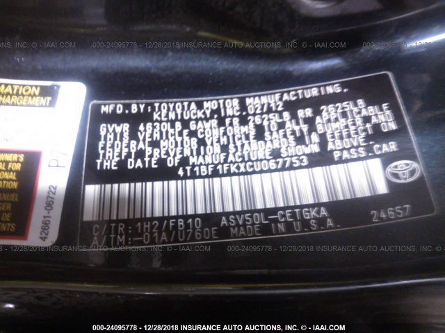 4T1BF1FKXCU067753 - 2012 TOYOTA CAMRY SE/LE/XLE 黑色 照片 9