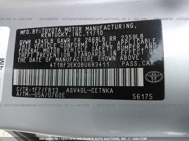 4T1BF3EK0BU683411 - 2011 TOYOTA CAMRY SE/LE/XLE SILVER photo 9