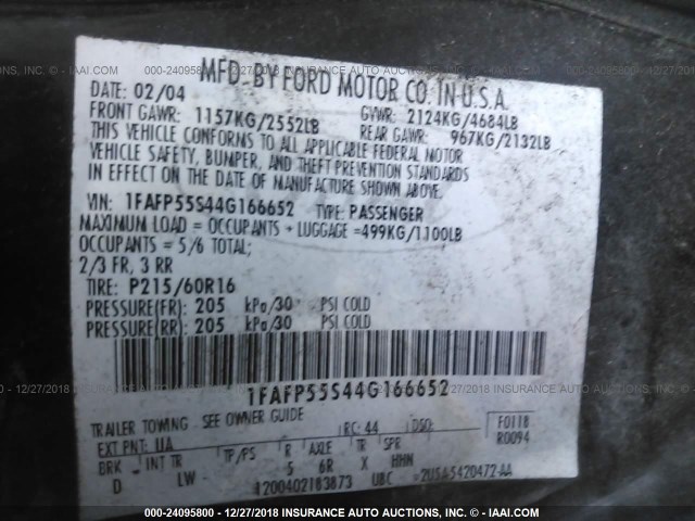 1FAFP55S44G166652 - 2004 FORD TAURUS SES BLACK photo 9