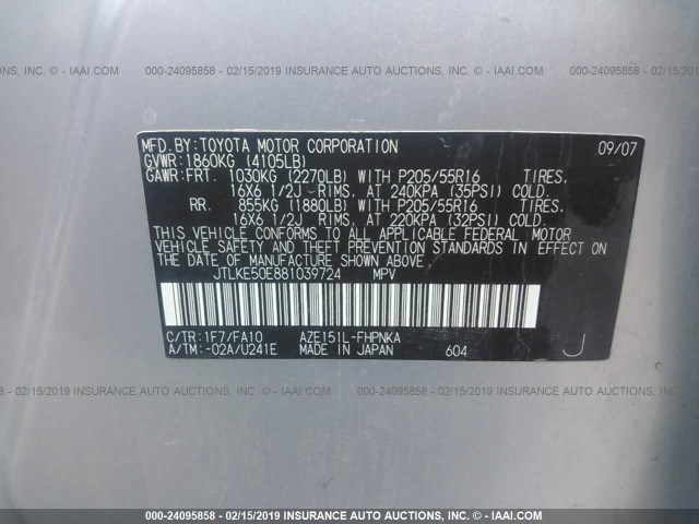 JTLKE50E881039724 - 2008 TOYOTA SCION XB SILVER photo 9