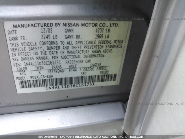 1N4AL11D36C161751 - 2006 NISSAN ALTIMA S/SL SILVER photo 9