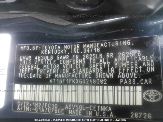 4T1BF1FKXGU248082 - 2016 TOYOTA CAMRY LE/XLE/SE/XSE BLACK photo 9