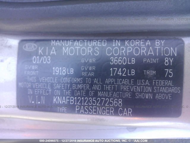 KNAFB121235272568 - 2003 KIA SPECTRA LS Champagne photo 9