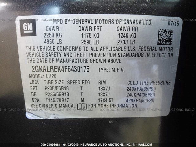 2GKALREK4F6430175 - 2015 GMC TERRAIN SLE BLACK photo 9