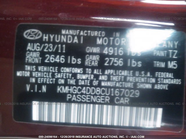 KMHGC4DD8CU167029 - 2012 HYUNDAI GENESIS 3.8L MAROON photo 9