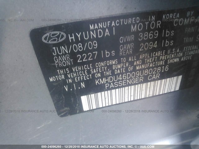 KMHDU46D09U802816 - 2009 HYUNDAI ELANTRA GLS/SE GRAY photo 9