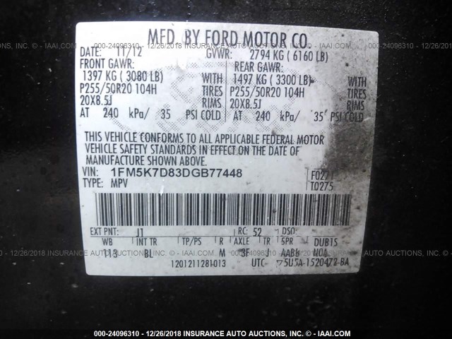 1FM5K7D83DGB77448 - 2013 FORD EXPLORER XLT BLACK photo 9