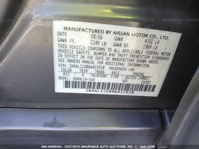 1N4AL11D86N435918 - 2006 NISSAN ALTIMA S/SL GRAY photo 9