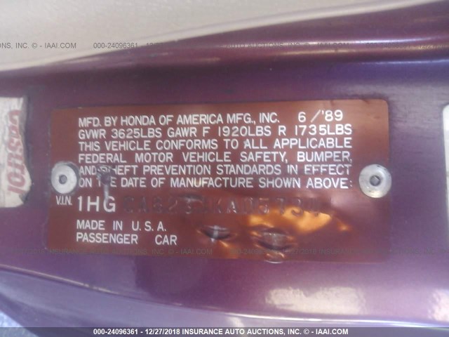 1HGCA6283KA057341 - 1989 HONDA ACCORD LXI RED photo 9