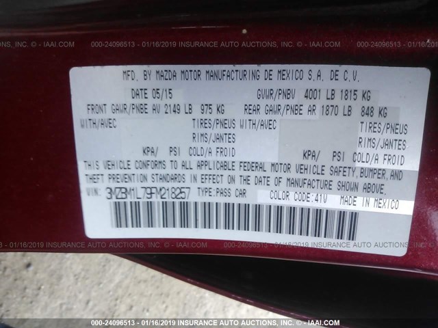 3MZBM1L79FM218257 - 2015 MAZDA 3 TOURING RED photo 9